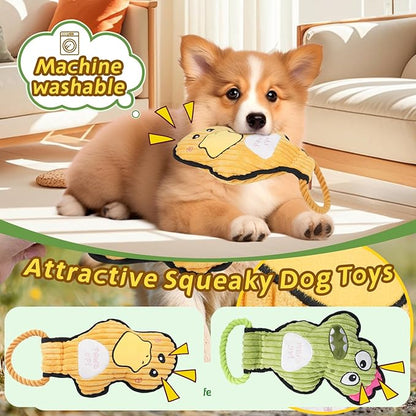 2-Pack Squeaky Dog Toys & Tough Tug of War Set - No Stuffing Chew-Resistant Plush Toys to Keep Them Busy, Best Birthday Gift for Small/Medium/Large Breeds (Ducks & Dino)