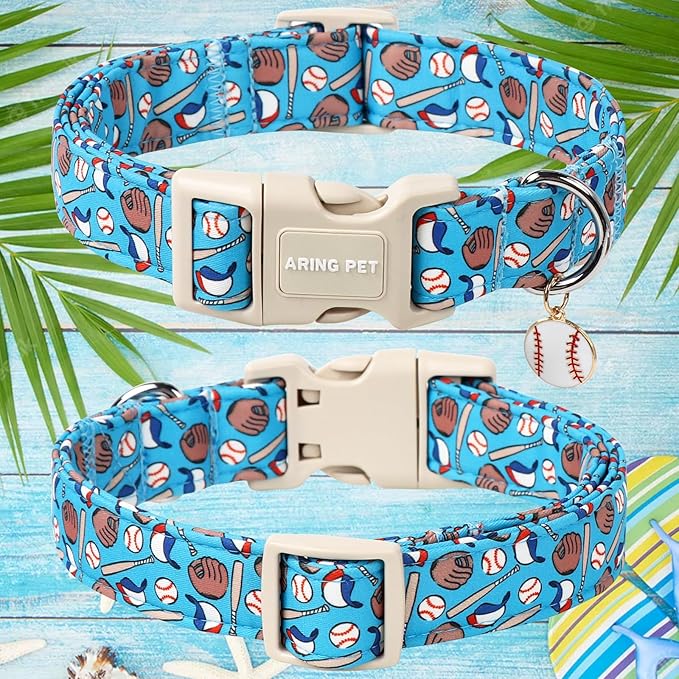 ARING PET Baseball Dog Collar, Cute Summer Blue Pet Collars with Quick Release Buckle for Puppy Small Medium Large Boy Girl Dogs-S