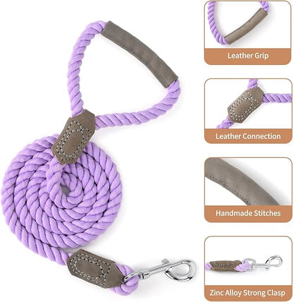 Mile High Life Dog Leash, Braided Cotton Rope Leashes with Leather Handle - Heavy Duty Metal Clasp, 5FT, 1/2" Thick - Wedding, Walking & Training Leash for Small Medium Large Dogs (Purple)