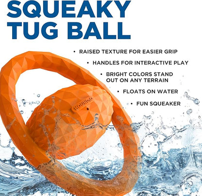 Playology Hound2O Dog Toys | Squeaky Tug Ball Toy for Tug of War | Orange Floating Outdoor Toy - Easy to Clean and Made from Non Toxic Materials