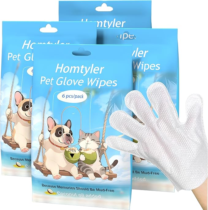 Dog Wipes & Cleaning Gloves 2-in-1 for Dogs and Cats, Extra-Thick Pet Wipes with Coconut Oil for Lick-Safe Paws, Eyes, Ears & Body, Rinse-Free Waterless Bath for Deodorizing&Cleansing, 24 PCS