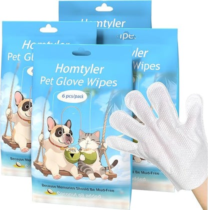 Dog Wipes & Cleaning Gloves 2-in-1 for Dogs and Cats, Extra-Thick Pet Wipes with Coconut Oil for Lick-Safe Paws, Eyes, Ears & Body, Rinse-Free Waterless Bath for Deodorizing&Cleansing, 24 PCS