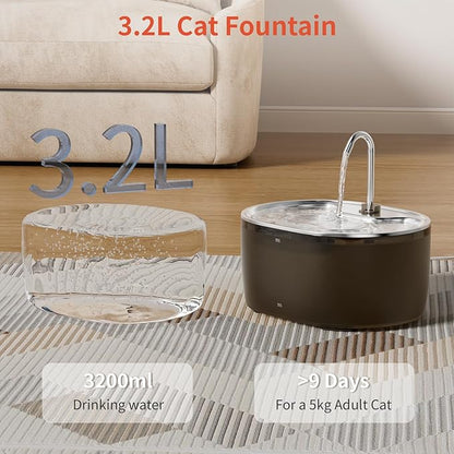 Cat Water Fountain, 3.2L Automatic Cat Fountains for Drinking with Faucet Design, Super Silent Pet Drinking Dispenser with Water Level for Cats, Dogs, Multiple Pets (Black, 3.2L)