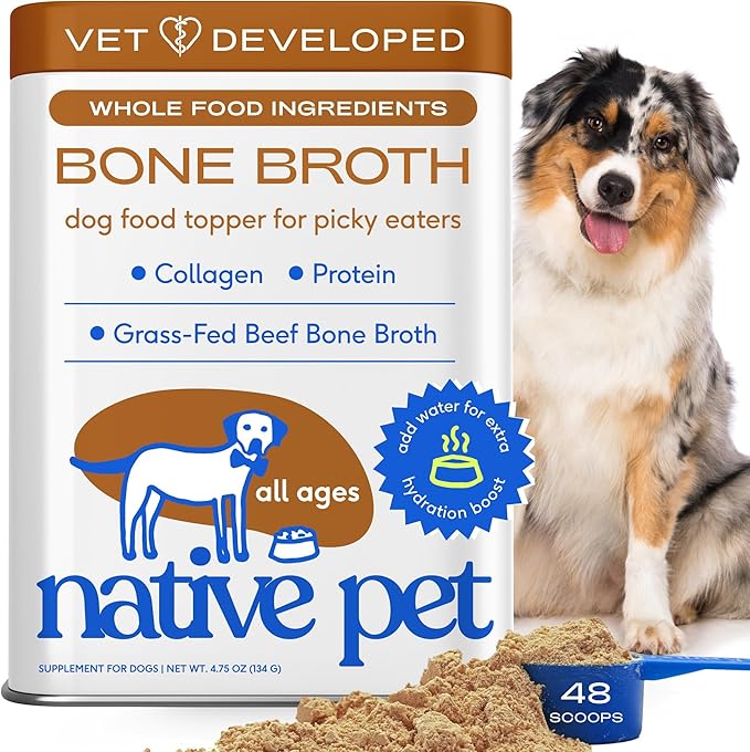 Native Pet Bone Broth for Dogs - Made with Real Beef Bone Broth, Dog Food Toppers for Picky Eaters - Provides Extra Hydration & Nutrition for Joint Strength, Immunity & Heart Health-48 Scoops