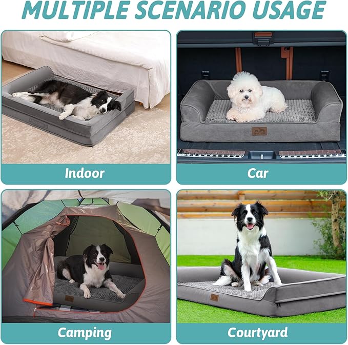 COZY KISS Orthopedic Dog Bed for Large Medium Size Dog, L Pet Sofa for Dog Cat, Big Supportive Foam Bolster U Shaped Couch with Waterproof Lining Cover, Anti-Slip, Washable, 36x27x7.5 inch, Grey