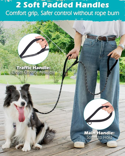 PetBonus Double Handle Rope Dog Leash, 5FT Heavy Duty Training Lead with Lockable Hook and 2 Comfortable Padded Handles, Reflective Walking Nylon Leash for Large Medium Dogs (55-200 lbs, Black Grey)