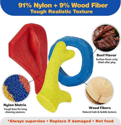 FOFOS Dog Chew Toys for Aggressive Chewers, 3 Pack Tough Nylon Dog Toys, Beef Flavor Chew Toys, for Medium Large Dogs to Keep Them Busy