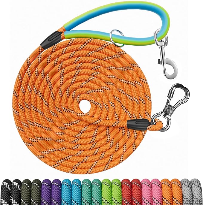 NTR 30FT Puppy Leash, Nylon Rope Long Dog Leash with 2 Swivel Hooks and Comfortable Padded Handle, Dog Line Tether for Small Medium Large Dogs Training, Playing, Camping, or Backyard