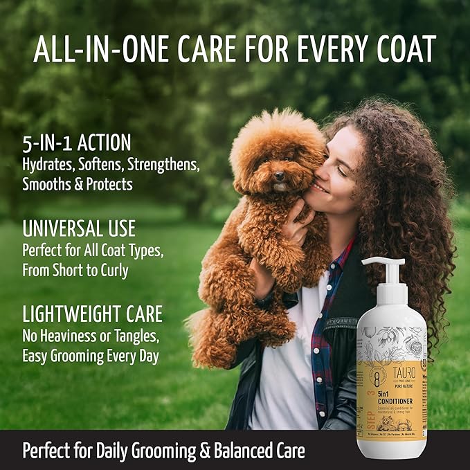 Tauro Pro Line 5in1 Dog Conditioner Detangler, Moisturizing Pet Wash for Dry Skin Daily Care, Gentle Cat & Puppy Conditioner (13.5 Fl Oz)