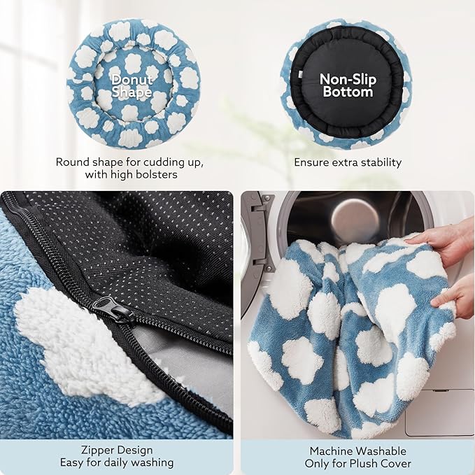 JOEJOY Donut Small Dog Bed, Round Cat Beds for Indoor Cats with Removable Washable Cover, Orthopedic Cute Puppy Kitten Pet Bed with Jacquard Shaggy Plush & Non Skid Bottom, Black