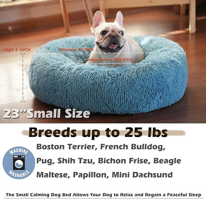 Calming Donut Dogs Beds for Small Dogs Washable,23inch Plush Round Pet Bed for Cozy Sleep,Fluffy Faux Fur Large Cat Bed,Fits up to 25 lbs Pets,Washed Blue