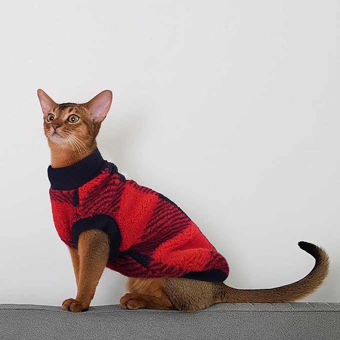 PUMYPOREITY Christmas Sweater for Cats, Cozy Fleece Cat Shirt - Stretchy & Warm, Super Soft Kitten Sweater, Machine Washable Pet Clothing for Comfort & Style, Red, M