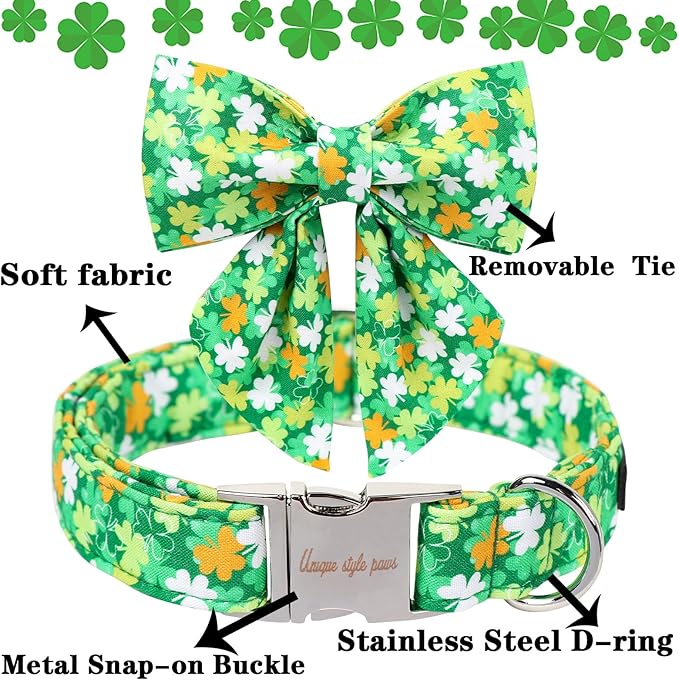 Unique style paws St. Patrick's Day Dog Collar with Bow Clover Collar with Flower for Small Medium Large Boys Girls Dogs