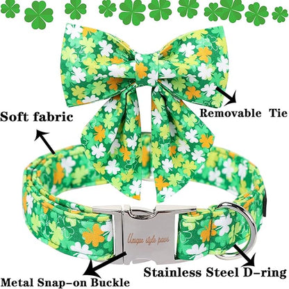 Unique style paws St. Patrick's Day Dog Collar with Bow Clover Collar with Flower for Small Medium Large Boys Girls Dogs
