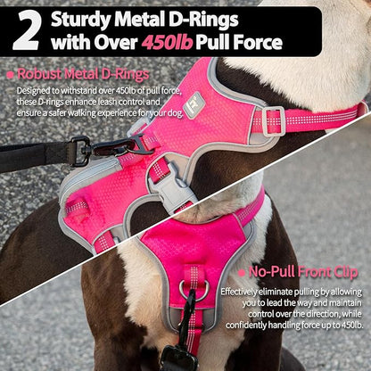 Huntboo Escape Proof Harness, No Slip Dog Harness Escape Proof, Reflective Harness with Handle, Breathable, Durable, Adjustable Vest for Large Dogs Walking, Training, and Running Gear (Rose red, L)