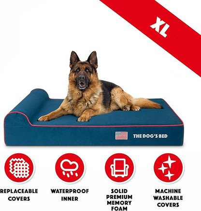 The Dog’s Bed Orthopedic Headrest Dog Bed XL Blue Oxford with Red Trim US Flag, Memory Foam, Hip & Elbow Dysplasia, Post Surgery, Lameness, Waterproof Washable Cover, Veterinary Approved