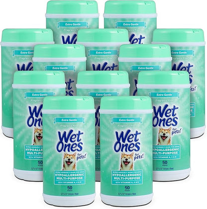 Wet Ones for Pets Multi-Purpose Dog Wipes with Vitamins A, C & E | Fragrance-Free Dog Wipes, Pet Wipes Multipurpose | Dog Grooming Wipes (Pack of 12, 600 Count Total)