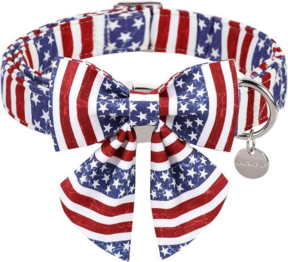 UP URARA PUP Patriotic Dog Collar with Bow Tie, 4th of July Bowtie Dog Collar, American Flag Collar for Medium Boy Girl Dog, Comfortable Summer Bowtie Collar with Metal Buckle, M