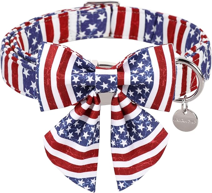 UP URARA PUP Patriotic Dog Collar with Bow Tie, 4th of July Bowtie Dog Collar, American Flag Collar for Large Boy Girl Dog, Comfortable Summer Bowtie Collar with Metal Buckle, L