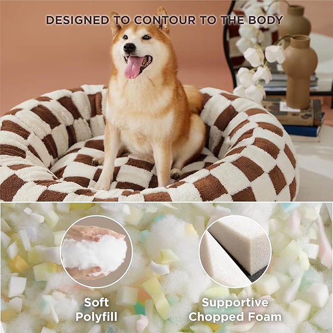 LE SURE Shown on TV Donut Large Dog Bed - Round Cat Beds Indoor Anti-Anxiety Calming Present for Pets, Washable Cute Modern Beds with Jacquard Shaggy Plush & Anti Slip Bottom, 36 Inch, Brown