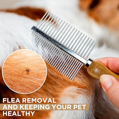 Takavu Double-Sided Metal Pet Comb for Dogs & Cats - Stainless Steel Teeth for Detangling, Removing Loose Hair & Flea Check - Grooming Tool