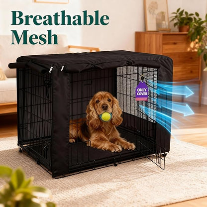 HiCaptain Breathable Dog Crate Cover 48 Inch, Durable Heavy Duty Kennel Cover, Dual Zippered Panels, Windproof Waterproof UV-Resistant(Black)