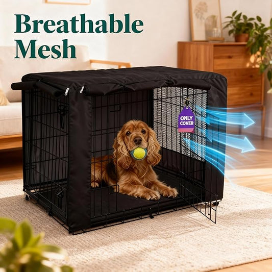 HiCaptain Breathable Dog Crate Cover 48 Inch, Durable Heavy Duty Kennel Cover, Dual Zippered Panels, Windproof Waterproof UV-Resistant(Black)