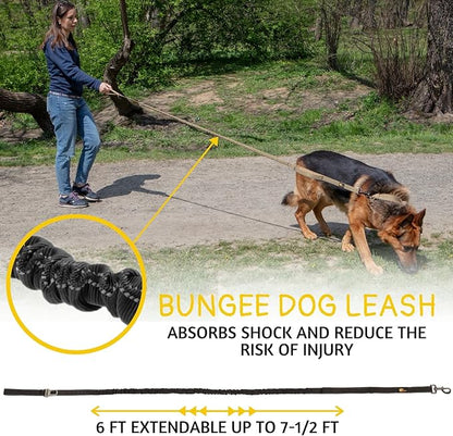 ADITYNA Tactical Bungee Dog Leash 6ft-7.5ft - Shock Absorbing Lead with 2 Padded Handles, Metal Clasp, Car Seatbelt - Heavy Duty No Pull for Medium, Large & XL Breeds