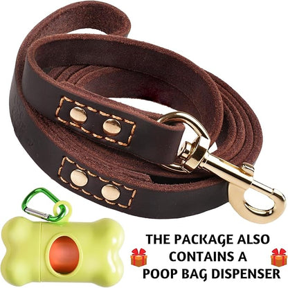 Leather Dog Leash 6 ft x 3/4 inch - Soft, Strong, Heavy Duty for Large & Medium Breeds - Dog Lead for Walking (Brown - Gold Colored Clasp, L - 6 ft x 3/4 inch)