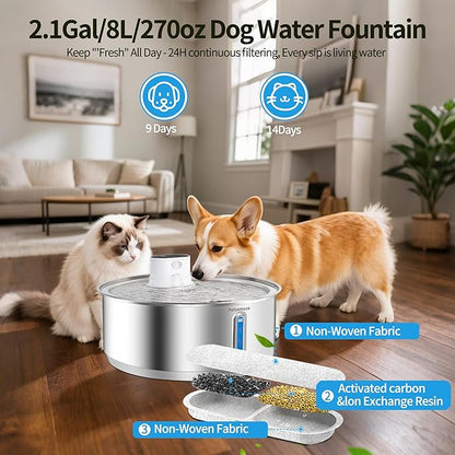 Petsamuse Wireless Dog Water Fountain, 2.1Gal/8L Battery Operated Stainless Steel Pet Water Fountain Motion Sensor Dog Water Bowl Large Cat Bowl Inside with 3 Filters and 2 Ultra Quiet Pumps