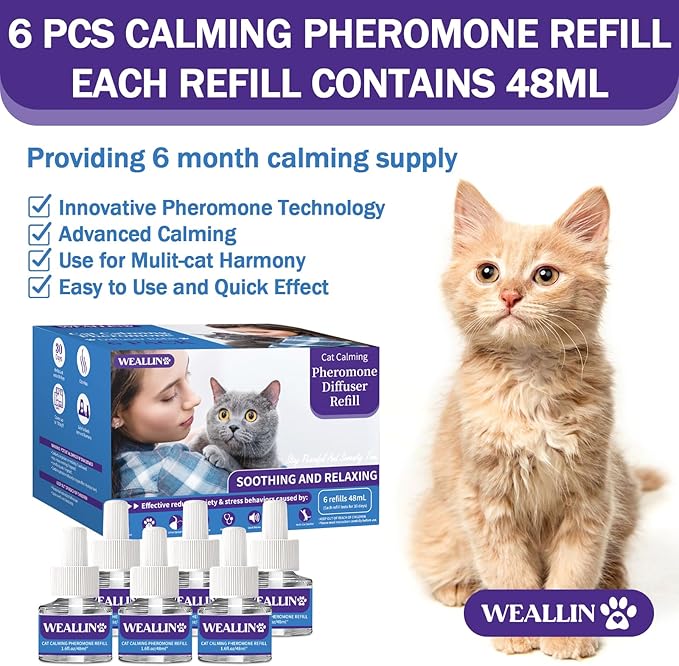 WEALLIN 6 Pack Cat Calming Diffuser Refills - Cat Pheromones Calming Diffuser Refill Relieve Anxiety & Stress 6 Month Supply, Cat Pheromone Diffuser Refills (Fits All Common Diffuser Heads)