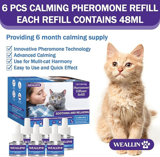 WEALLIN 6 Pack Cat Calming Diffuser Refills - Cat Pheromones Calming Diffuser Refill Relieve Anxiety & Stress 6 Month Supply, Cat Pheromone Diffuser Refills (Fits All Common Diffuser Heads)
