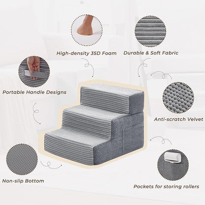 HYLEORY Dog Stairs for Bed 13.5''H, 3-Step Pet Stairs for Small Dogs Cats, Sturdy Pet Steps with Non-Slip Bottom, Functional Portable Dog Ramp for Couch/Chair/Sofa/Car, Storage Pocket, Light Grey-Grey