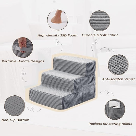 HYLEORY Dog Stairs for Bed 13.5''H, 3-Step Pet Stairs for Small Dogs Cats, Sturdy Pet Steps with Non-Slip Bottom, Functional Portable Dog Ramp for Couch/Chair/Sofa/Car, Storage Pocket, Light Grey-Grey