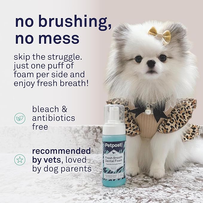 Petpost | Fresh Breath Foam for Dogs - Mint & Apple Flavored Dental Solution That Eliminates Bad Breath - Natural Tooth Cleaning Treatment 5 oz.