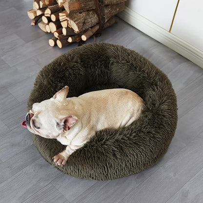 Calming Donut Dogs Beds for Small Dogs Washable,23inch Plush Round Pet Bed for Cozy Sleep,Fluffy Faux Fur Large Cat Bed,Fits up to 25 lbs Pets,Army Green