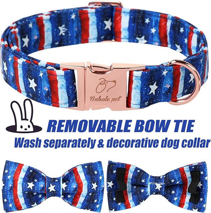 4th of July Dog Collar with Bow Tie - Flag Day Stars & Stripes Patriotic Bowtie Collar Independence Day Safety Dog Collars for Small Medium Large Dogs XS