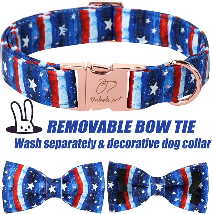 4th of July Dog Collar with Bow Tie - Flag Day Stars & Stripes Patriotic Bowtie Collar Independence Day Safety Dog Collars for Small Medium Large Dogs M
