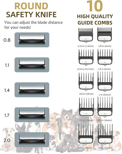 Dog Clippers for Grooming with 12V High Power Plug-in for Thick Heavy Coats Quiet, Pet Electric Professional Hair Grooming Clippers kit with 10 Metal Guard Combs Brush for Dogs Cats Pets (Gold)