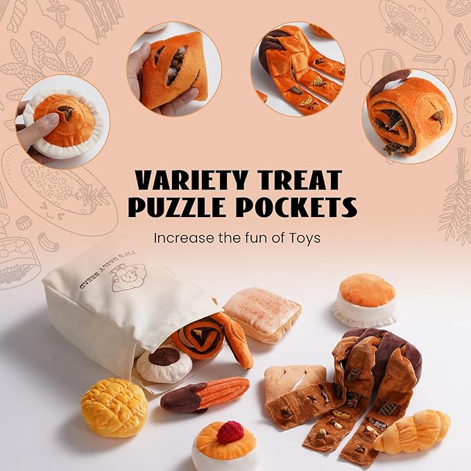 Nocciola 10 PC Dog Squeak Toys - Bread Puppy Toys with Grocery Bag to Keep Them Busy, Small Dog Toys for Boredom, Durable Snuffle Dog Toys for Small Medium Breeds Christmas Stocking Stuffers