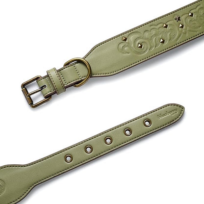 Blueberry Pet Premium Embossed Sage Green Glam Silver-Powered Freshness Microfiber Leather Dog Collar with Antique Brass Studs