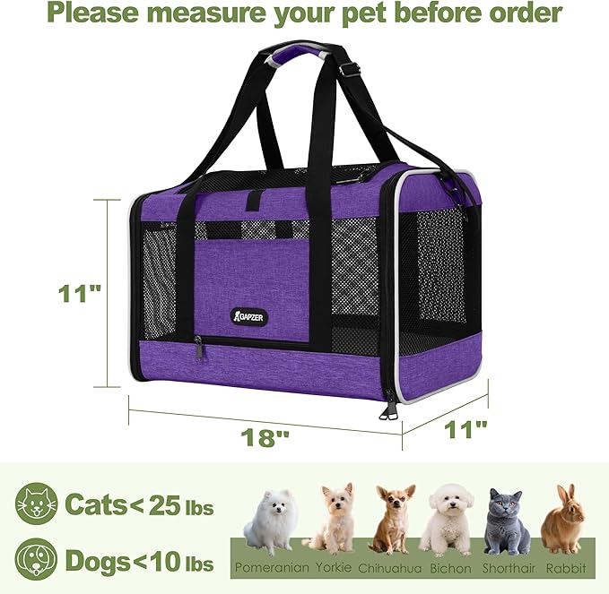GAPZER Per Carrier for Cat 18x11x11 Inch FAA Complaint, Kitten Taxi Top Load Soft Cloth Bag, Small Animal Portable in Cabin Crate Shih Tzu Dog Kennel Carry Case, 4-Sided-Ventilated Kitty Purse Purple