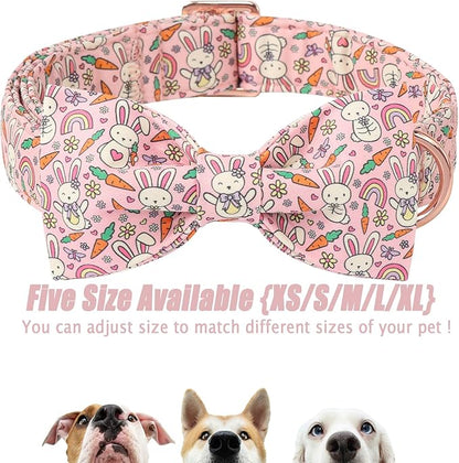 Easter Dog Collar with Bow Tie - Pink Easter Bunny Bowtie Dog Collar Adjustable Heavy Duty Spring Easter Dog Collars for Small Medium Large Dogs L