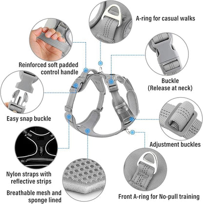 Plutus Pet No Pull Dog Harness, Release at Neck, Reflective Adjustable Dog Vest Harness, Easy Control Handle for Walking, for Small Medium Large Dogs, Gray, S