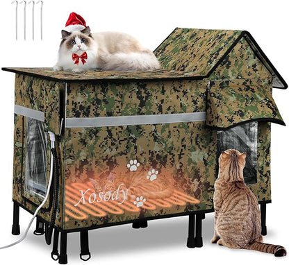 Xosody Heated Cat House for Outside Cats- 100% Weatherproof Insulated Outdoor Cat House with Heating Pad, Elevated Base & Safe Escape Door, Warm Kitty Shelter for Feral or Stray Cats in Winter