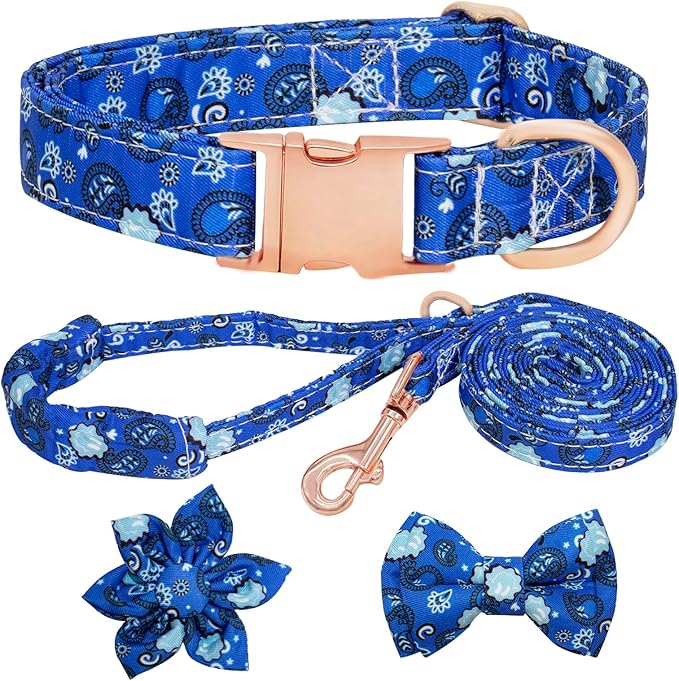 Dog Collar and Leash Set Girls Adjustable Puppy Collars with Floral Bow Tie for Small Medium Large Female Dogs, BluePaisley, XS