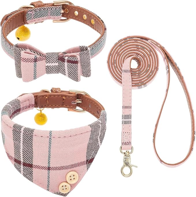KOOLTAIL Pink Girl Dog Collar and Leash Set for Small Dogs with Bowtie and Bells - Cute Puppy Bandana Collar and Leash with Classic Plaid Pattern, Soft Leather Tangle Free Leashes for Small Dogs, S