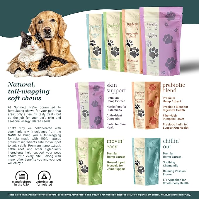 Sunmed Chillin' Out Hemp Dog Chews with Chamomile & L-Tryptophan – Stress Relief, Calming & Relaxation for Dogs – Helps with Anxiety & Stressful Situations – 40 Count