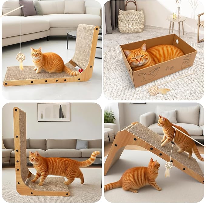 Goosheep L-Shaped Cat Scratcher 2-in1 Scratching Board for Indoor Cats Protecting Furniture Cardboard Box Scratch Pad with Ball Toy Cats Scratching Posts with Cat Teaser