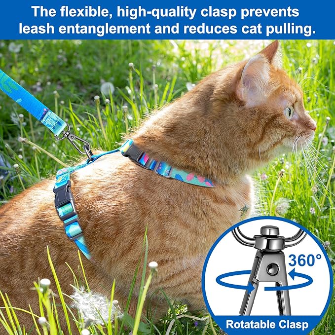 Kaazylab Cat Harness and Leash Set with Matching Collar – Escape Proof Harness for Cats, Adjustable & Lightweight, Tropical Hawaiian Leaf Print, Easy Wear for Outdoor Walking & Training